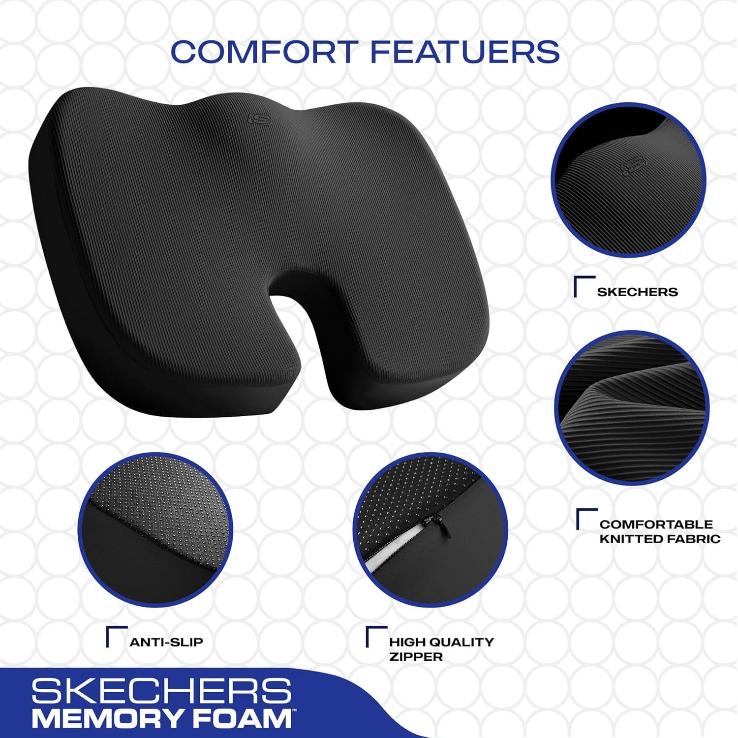 imageSkechers Memory Foam Seat CushionOffice Chair Cushion for Tailbone Pain ReliefButt Pillow for Office ChairCar seat CushionComputer DeskLong Sitting Office Workersand Car DriversBlackBlack