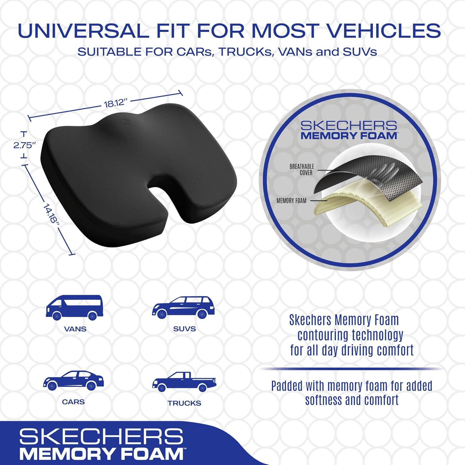 imageSkechers Memory Foam Seat CushionOffice Chair Cushion for Tailbone Pain ReliefButt Pillow for Office ChairCar seat CushionComputer DeskLong Sitting Office Workersand Car DriversBlackBlack