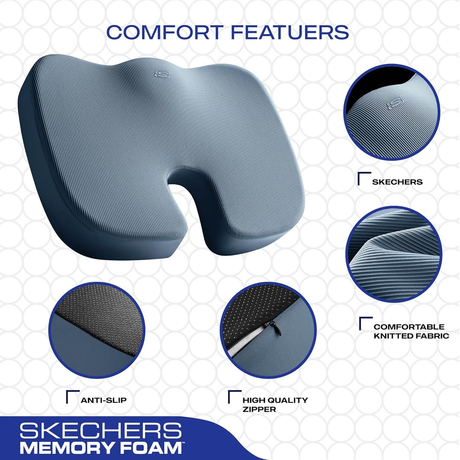 imageSkechers Memory Foam Seat CushionOffice Chair Cushion for Tailbone Pain ReliefButt Pillow for Office ChairCar seat CushionComputer DeskLong Sitting Office Workersand Car DriversBlackBlue