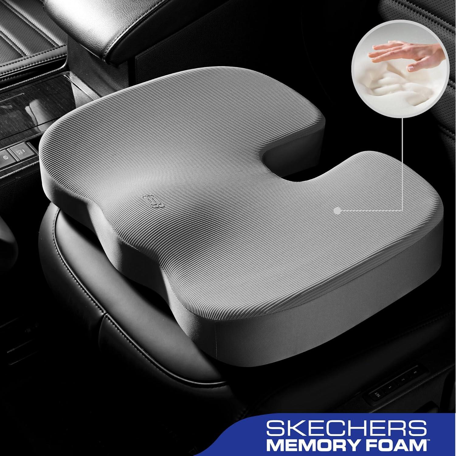 imageSkechers Memory Foam Seat CushionOffice Chair Cushion for Tailbone Pain ReliefButt Pillow for Office ChairCar seat CushionComputer DeskLong Sitting Office Workersand Car DriversBlackGrey