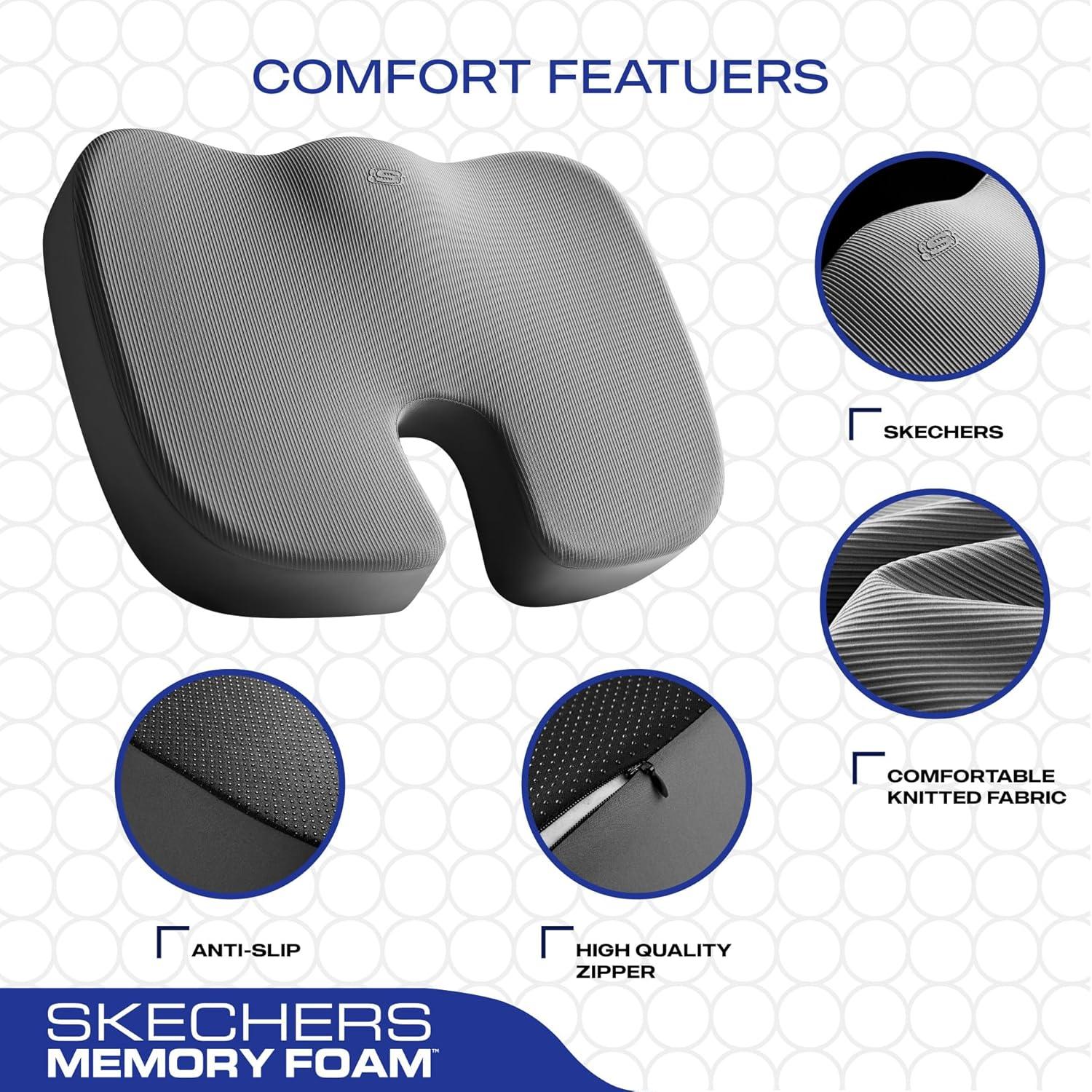 imageSkechers Memory Foam Seat CushionOffice Chair Cushion for Tailbone Pain ReliefButt Pillow for Office ChairCar seat CushionComputer DeskLong Sitting Office Workersand Car DriversBlackGrey
