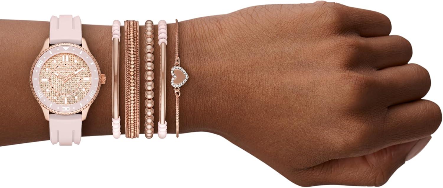 imageSkechers Womens Quartz ThreeHand Watch ampamp Stackable Bracelet Gift Set Color Rose Gold Blush Pink Model SR9061