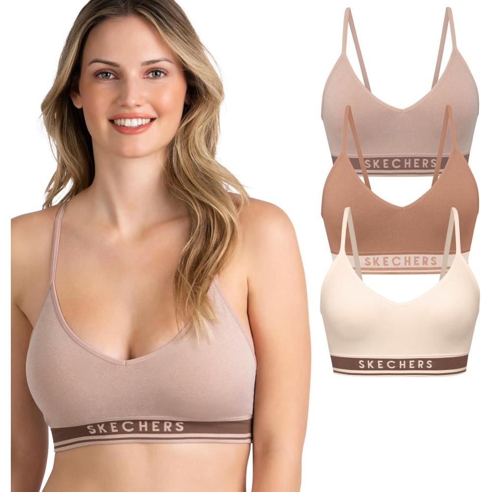 imageSkechers 3 Pack Womens Sports Bra Sujetador Deportivo Seamless Bralette Yoga Athletic WorkoutBrownNudeBlush