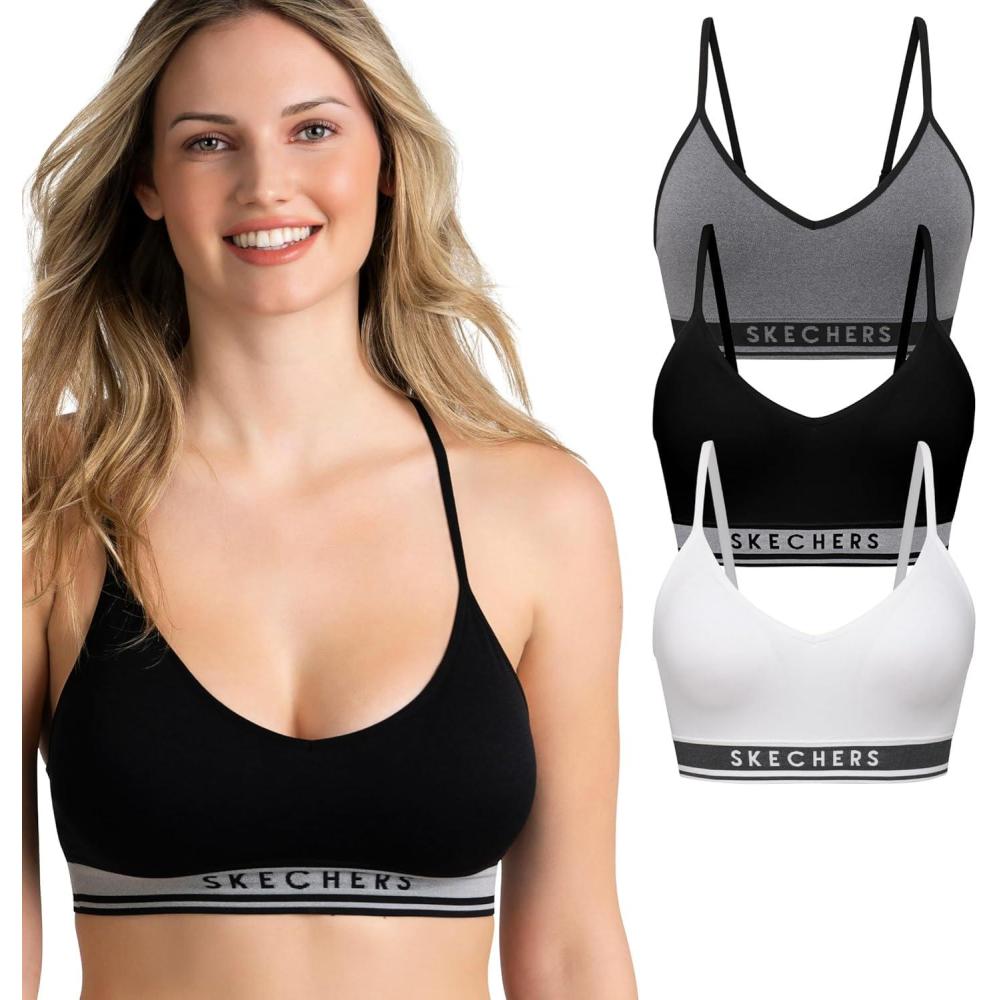 imageSkechers 3 Pack Womens Sports Bra Sujetador Deportivo Seamless Bralette Yoga Athletic WorkoutGreyBlackWhite