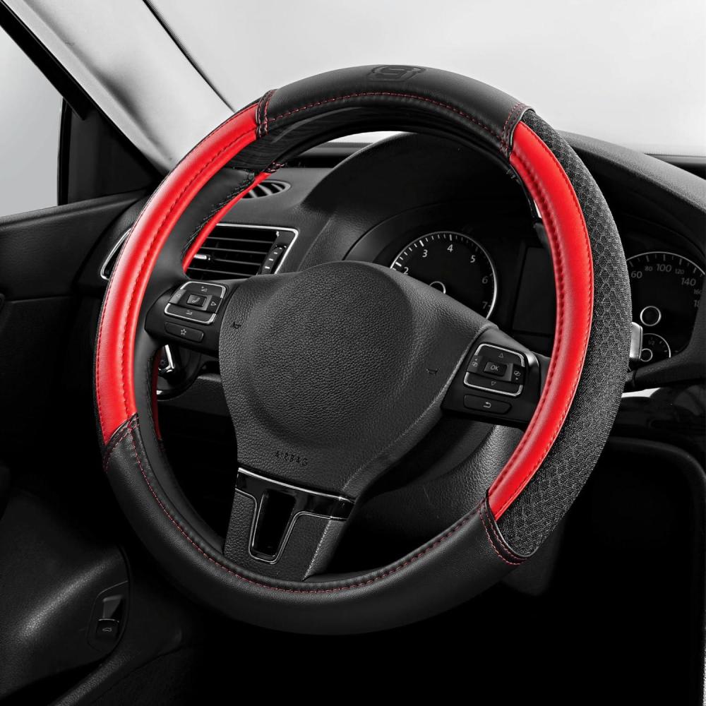 imageSkechers AirCooled Steering Wheel CoverLeather Car Steering Wheel Cover Universal Fit 14quot 1215quot Car Wheel Protector for Men Women Fit SuvsVansSedansCarTrucksBlackRed