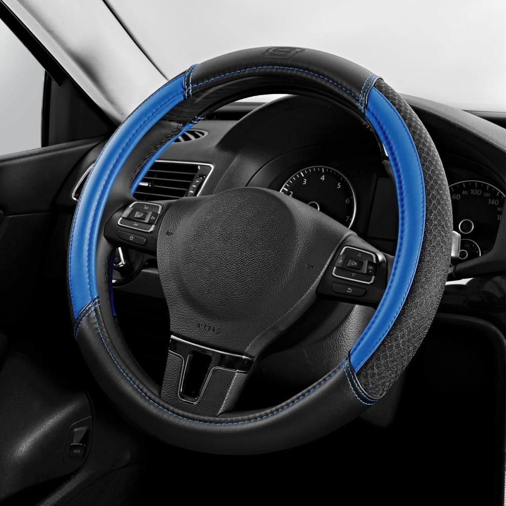 imageSkechers AirCooled Steering Wheel CoverLeather Car Steering Wheel Cover Universal Fit 14quot 1215quot Car Wheel Protector for Men Women Fit SuvsVansSedansCarTrucksBlackBLue