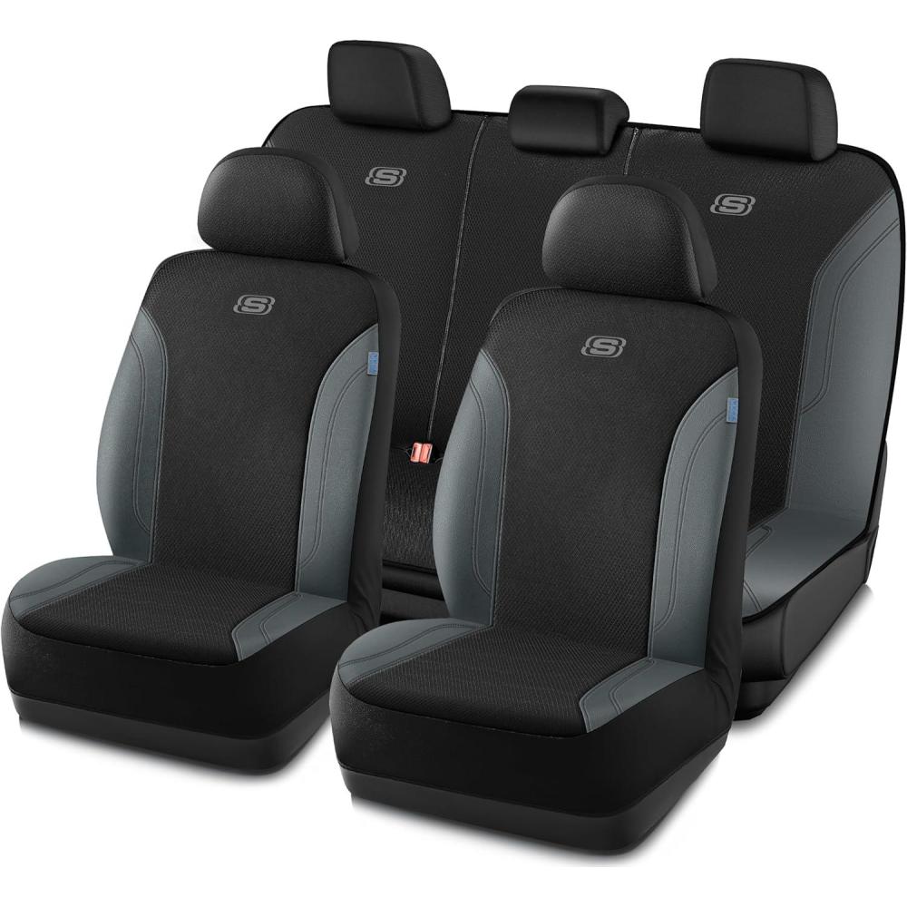imageSkechers Car Seat Covers Work Leather Seat Covers 5Times Stronger Builtin Webbing Oxford Fabric Front Seat Cover Airbag Compatible Automotive Comfort for Cars Trucks SUVsBlackBlackGrey
