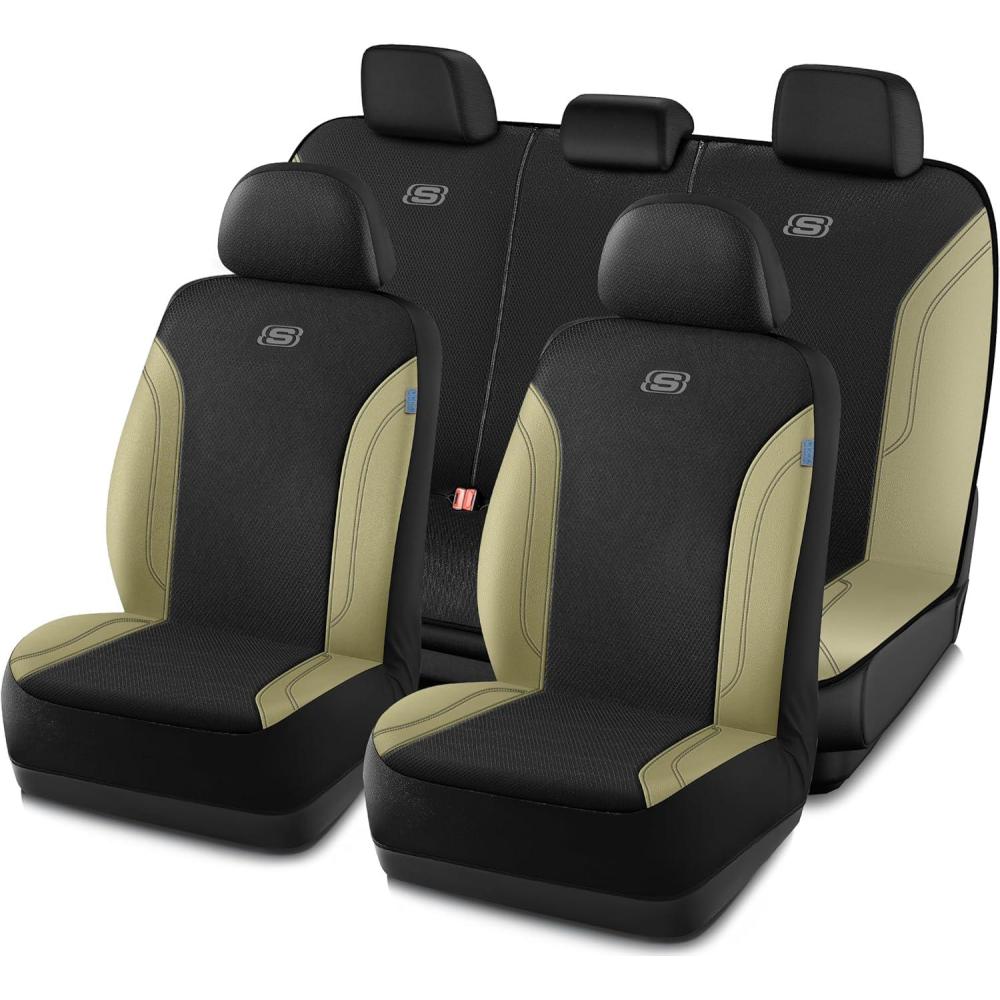 imageSkechers Car Seat Covers Work Leather Seat Covers 5Times Stronger Builtin Webbing Oxford Fabric Front Seat Cover Airbag Compatible Automotive Comfort for Cars Trucks SUVsBlackBlackBeige