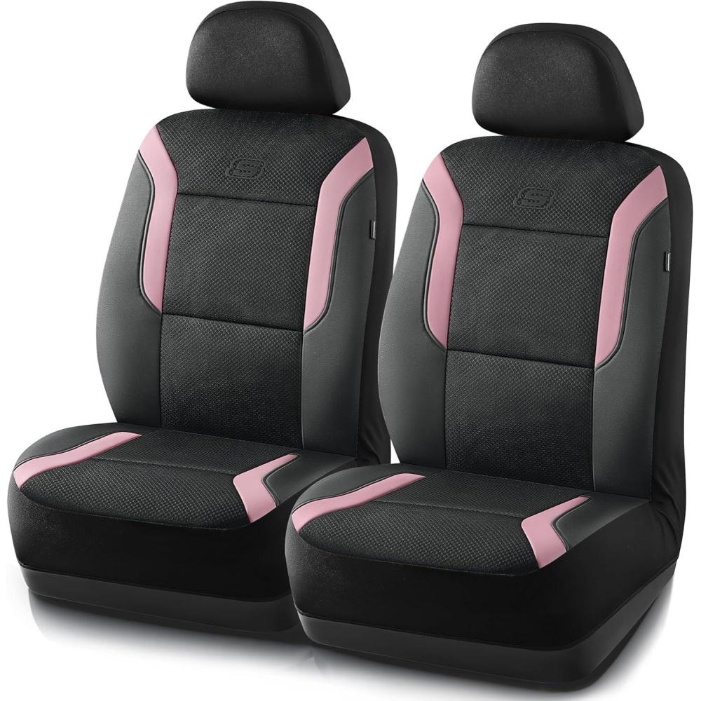 imageSkechers Memory Foam Car Seat Covers Air Cool Mesh Thick Seat Covers Car Seat Full Sets Airbag Compatible Automotive Comfort Protection for Most CarsVansTrucks SUVsRedBlack and Pink