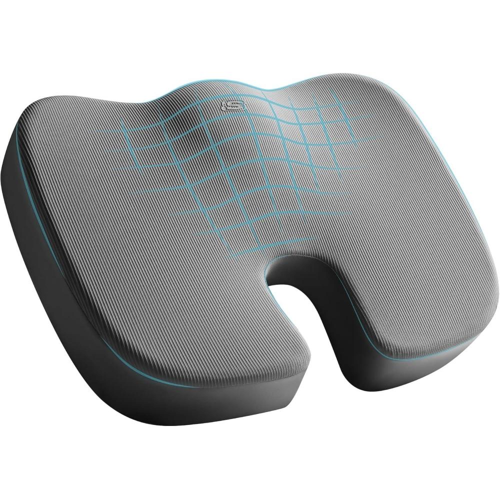 imageSkechers Memory Foam Seat CushionOffice Chair Cushion for Tailbone Pain ReliefButt Pillow for Office ChairCar seat CushionComputer DeskLong Sitting Office Workersand Car DriversBlackGrey