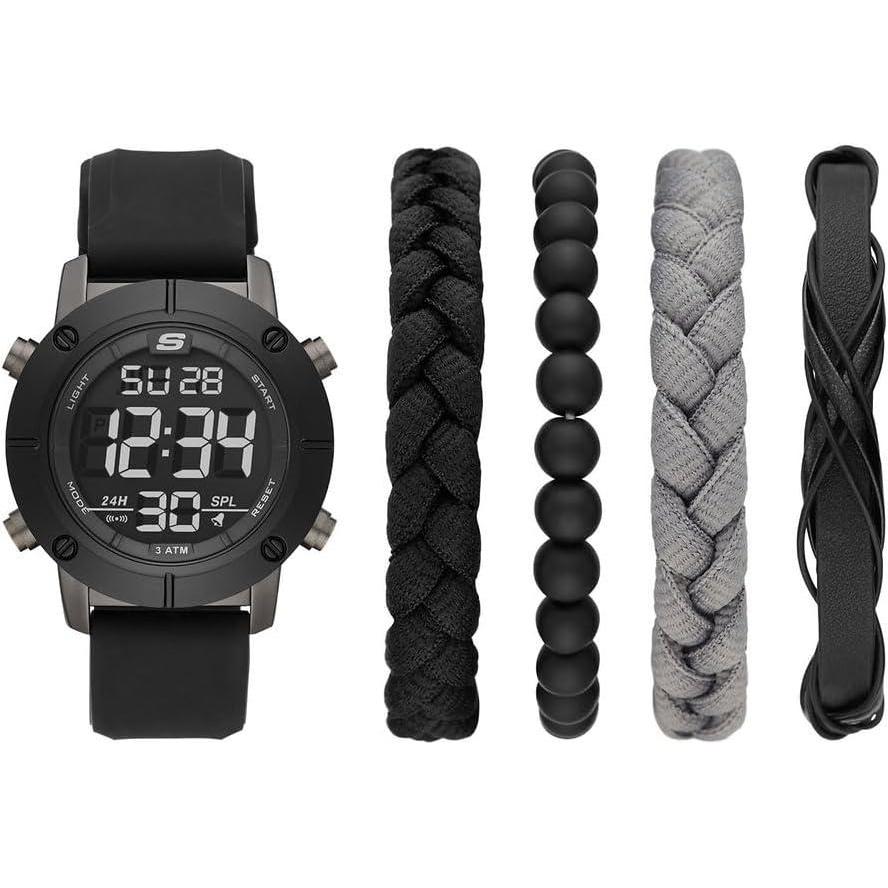 imageSkechers Mens Watch and Stackable Bracelet or Interchangeable Band Gift SetBlackGray Bracelet Set