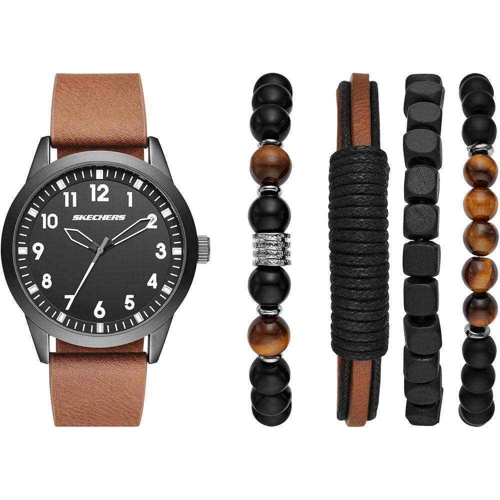 imageSkechers Mens Watch and Stackable Bracelet or Interchangeable Band Gift SetBrown Leather Watch