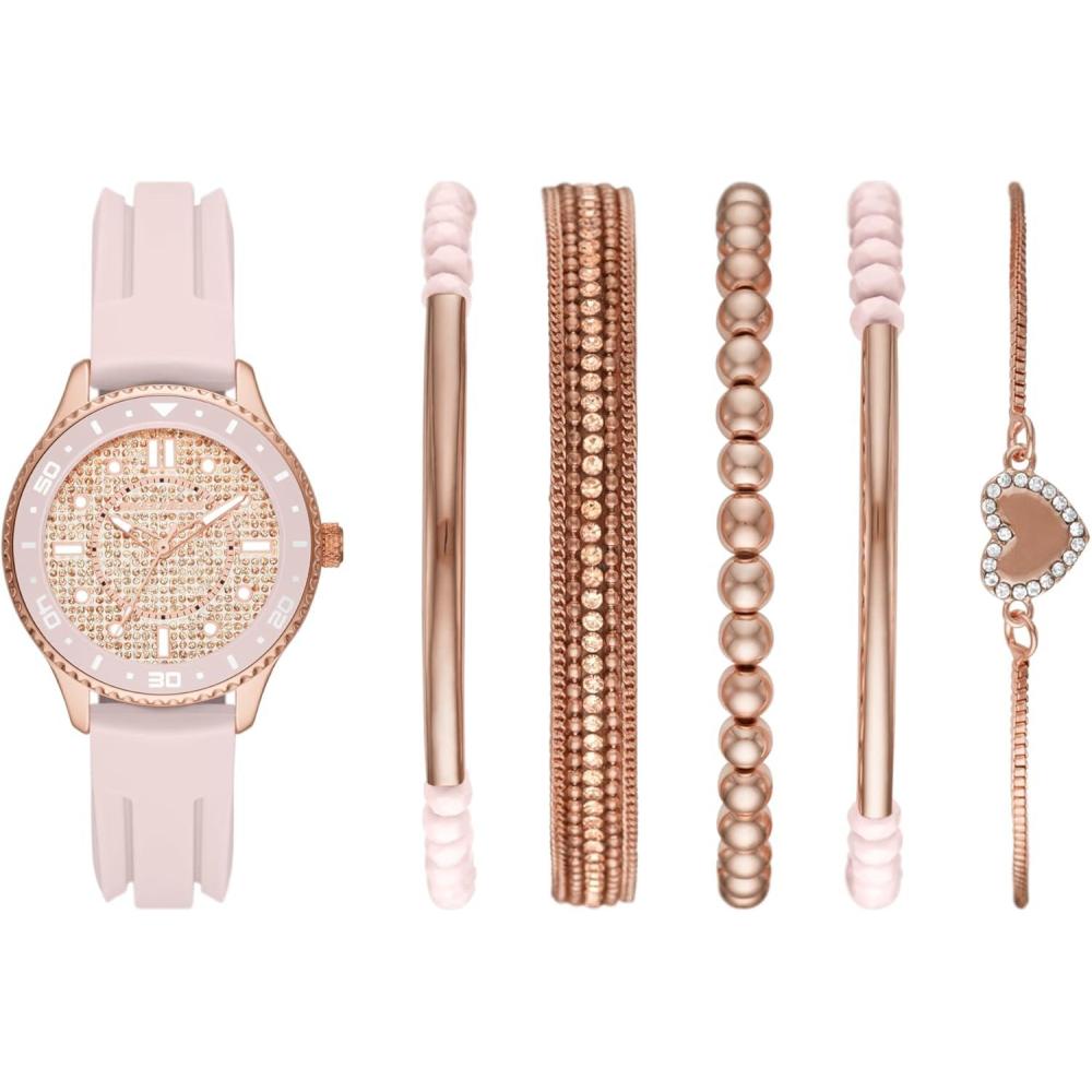 imageSkechers Womens Quartz ThreeHand Watch ampamp Stackable Bracelet Gift Set Color Rose Gold Blush Pink Model SR9061