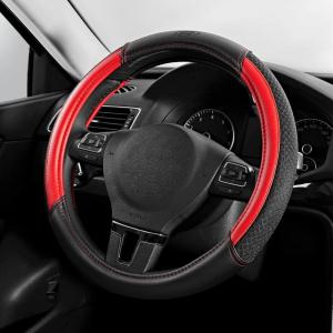 Skechers Air-Cooled Steering Wheel Cover,Leather Car Steering Wheel Cover Universal Fit 14″ 1/2-15″ Car Wheel Protector for Men Women Fit Suvs,Vans,Sedans,Car,Trucks,Black(Red)