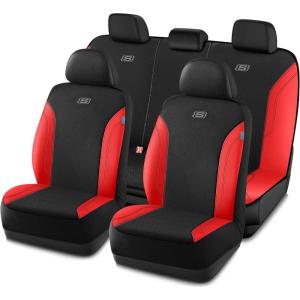 Skechers Car Seat Covers, Work Leather Seat Covers 5-Times Stronger Built-in Webbing, Oxford Fabric Front Seat Cover, Airbag Compatible, Automotive Comfort for Cars, Trucks, SUVs,Black(Black&Red)