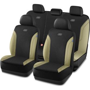 Skechers Car Seat Covers, Work Leather Seat Covers 5-Times Stronger Built-in Webbing, Oxford Fabric Front Seat Cover, Airbag Compatible, Automotive Comfort for Cars, Trucks, SUVs,Black(Black&Beige)