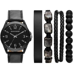 Skechers Men’s Watch and Stackable Bracelet or Interchangeable Band Gift Set(Black Faux Leather/Braid/Bead)