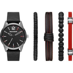 Skechers Men’s Watch and Stackable Bracelet or Interchangeable Band Gift Set(Black Leather Set)