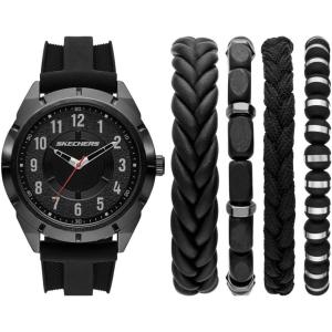 Skechers Men’s Watch and Stackable Bracelet or Interchangeable Band Gift Set(Black Silicone/Braid)