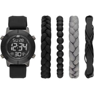 Skechers Men’s Watch and Stackable Bracelet or Interchangeable Band Gift Set(Black/Gray Bracelet Set)