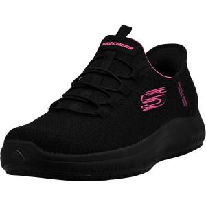 Skechers Women’s Slip-Ins Summits – Enslee Slip Resistant Sneakers(Black/Hot Pink)
