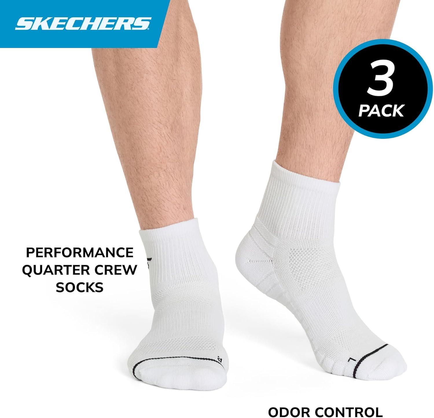 imageSkechers Mens Performance Pickleball Odor Control Mesh Ventilation Quarter Crew Socks 3PackWhite