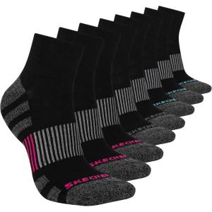 Skechers womens 8-pack Work Collection High Quarter Crew Socks, Extra Cushion & Mesh Ventilation(Black/Pink Glo/Bluefish)